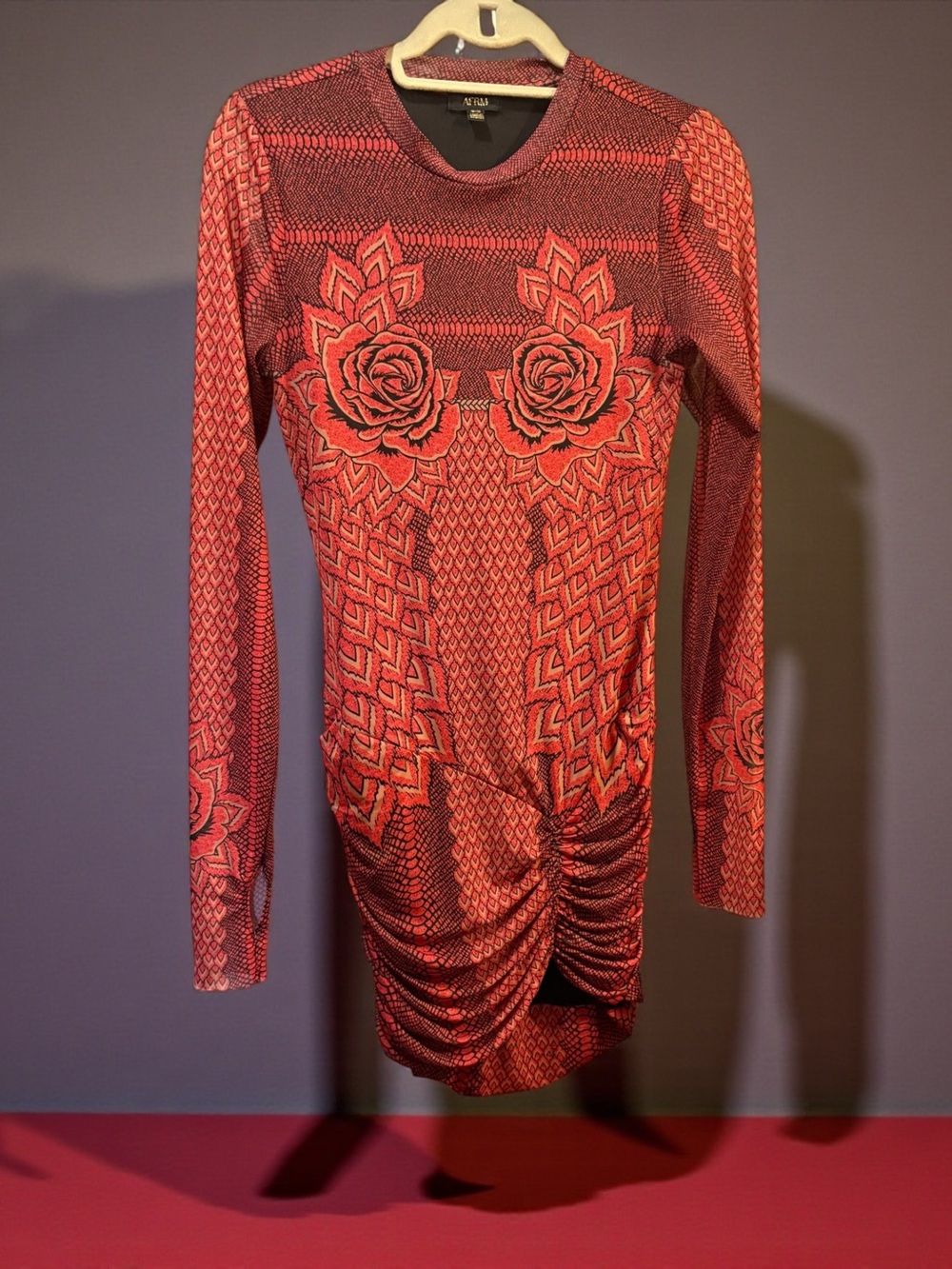 AFRM Red orange black rose print mesh Long-Sleeve  Ruched Bodycon Dress m